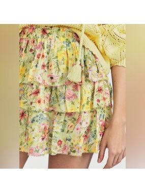 LoveShackFancy Yellow Floral Print Tiered Silk Blend Mini Skirt Medium